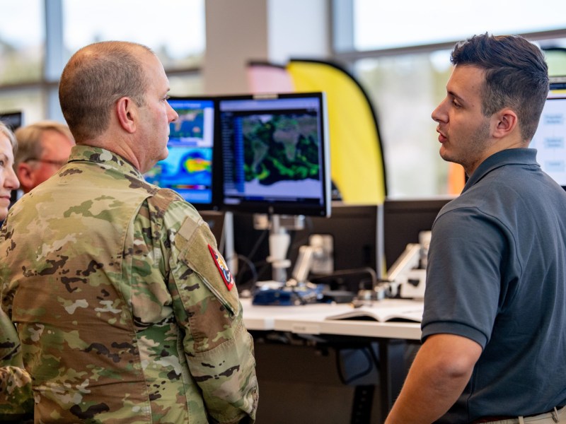U.S. Space Force Lt. Gen. Douglas A. Schiess, center, and Chief Master Sgt. Tina Timmerman, S4S senior enlisted leader, left, visit Space System Command’s Space Domain Awareness Tools, Applications, and Processing Lab facility on Jan. 29, 2025, in Colorado Springs.