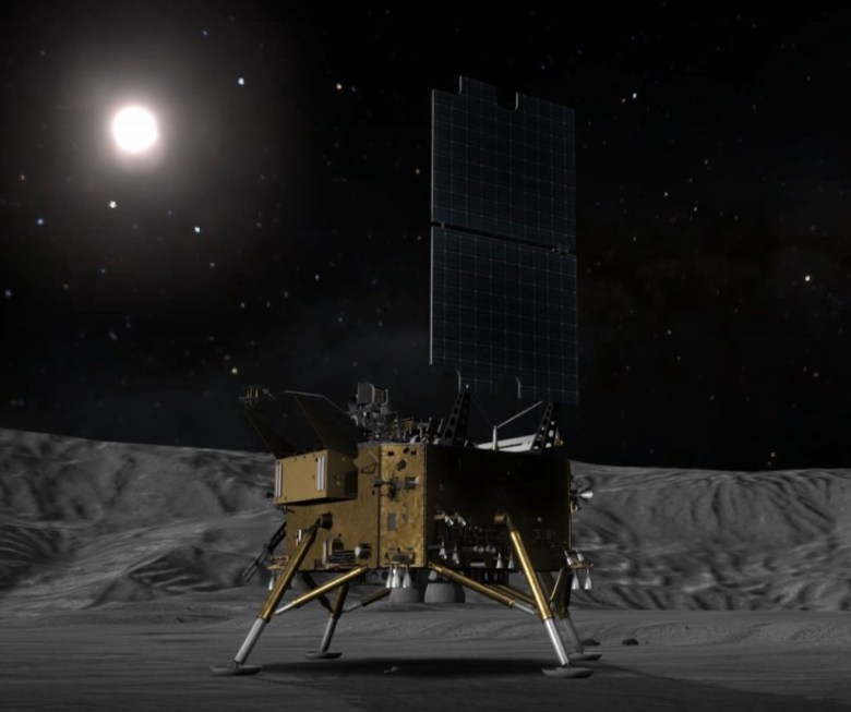 Artistic render of China's Chang'e-8 lunar lander on the moon's surface, featuring a gold-colored lander with extended solar panels under a starry lunar sky, illuminated by the Sun.