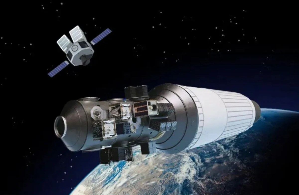 A digital rendering of InfinAstro’s “Space Bus” orbital transfer vehicle in space, carrying multiple small satellites and approaching Earth orbit.