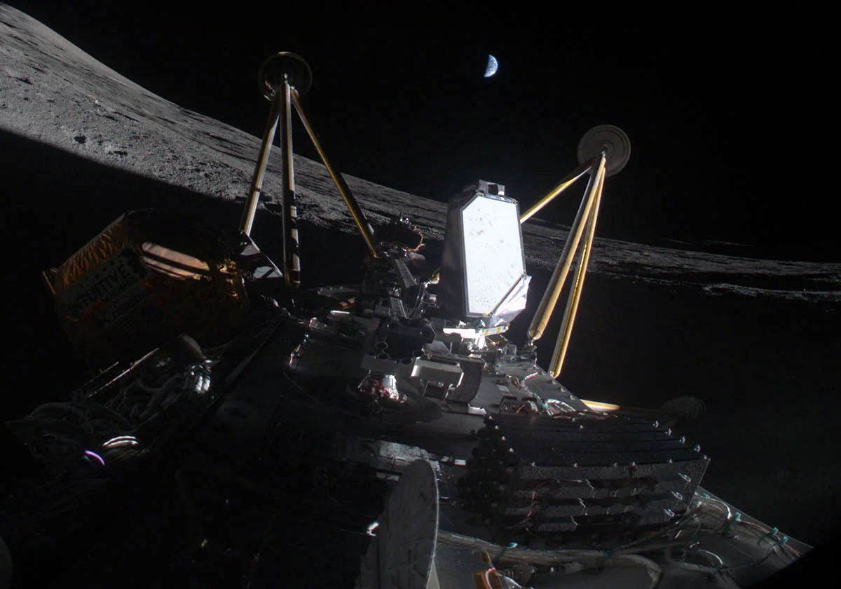 Intuitive Machines' Athena lunar lander, sitting on its side, after experiencing problems landing near the moon’s south pole March 6. Credit: Intuitive Machines