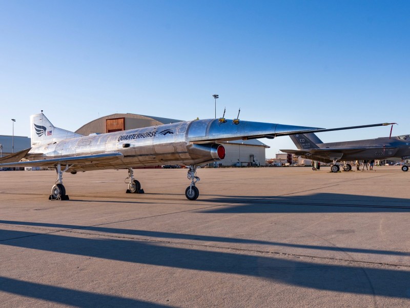 The Hermeus Quarterhorse aircraft at Edwards Air Force Base during a press event in December. Credit: Hermeus