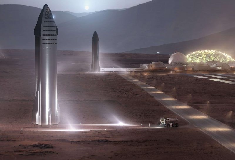 Concept art of a Starship launch pads on a Mars base. Credit: SpaceX