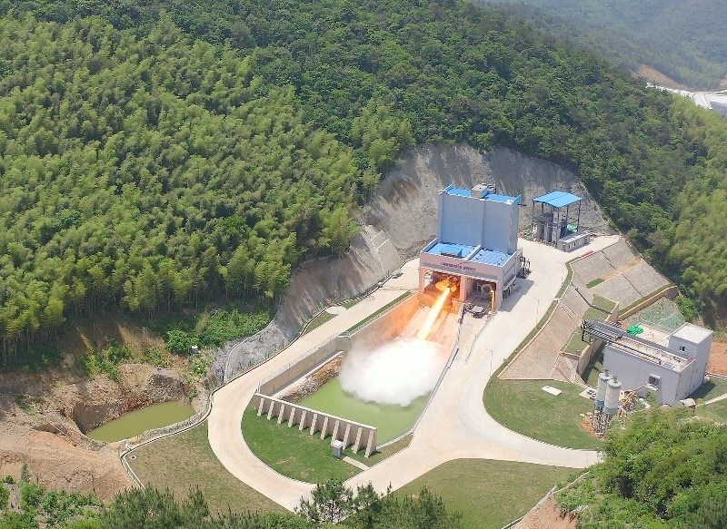 Aerial view of Chinese private launch firm Landspace testing its Tianque-12 methalox engine at a facility in Huzhou.