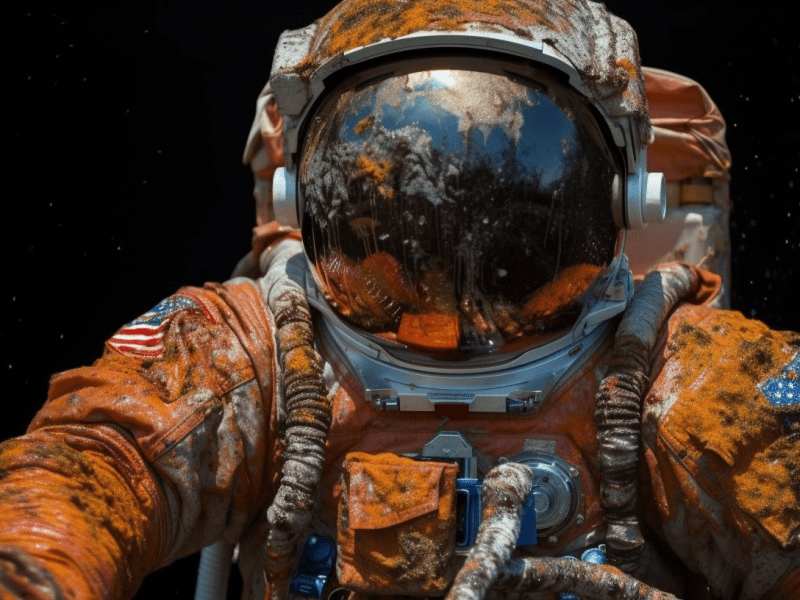 Illustration of a spacewalking astronaut covered in orange and green spores representing the trillions of microorganisms humans take with them wherever they go.