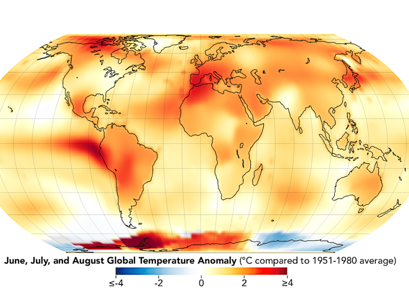This map depicts global temperature anomalies for meteorological summer in 2023 (June, July, and August). It shows how much warmer or cooler different regions of Earth were compared to the baseline average from 1951 to 1980. Credits: NASA Earth Observatory/Lauren Dauphin